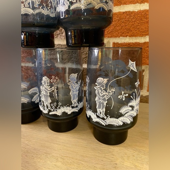 VTG Lot 7 Mary Gregory 6 Smoke Blue Painted Fishing Boy‎ & Girl Drinking Glasses - Picture 5 of 10